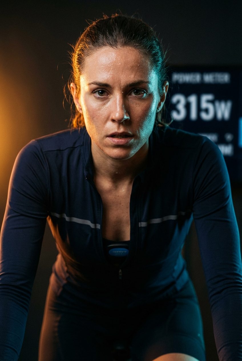 Athletic cyclist at peak exertion during an FTP test — sweat and determination, cinematic rim lighting