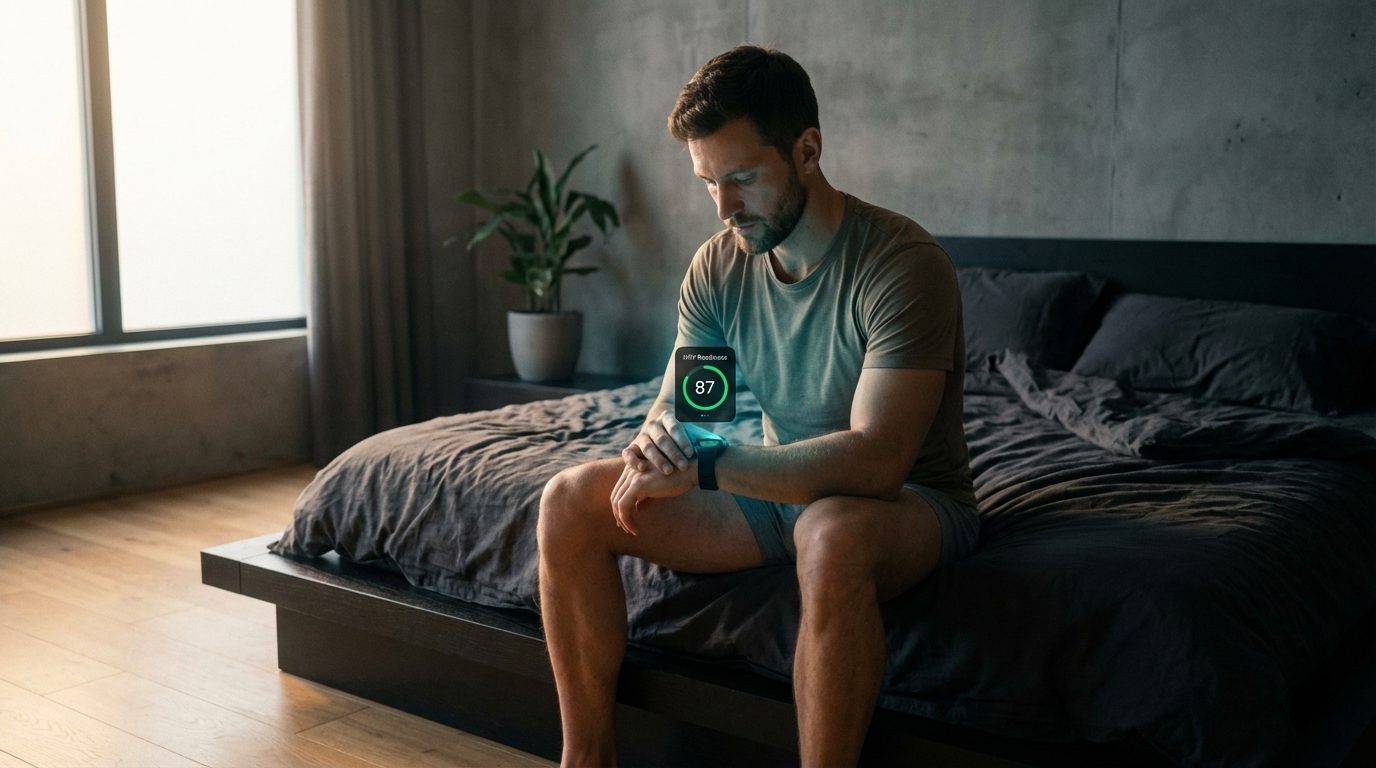 Athlete checking HRV readiness score on smartwatch in the morning — PeakPulse Daily Readiness Score