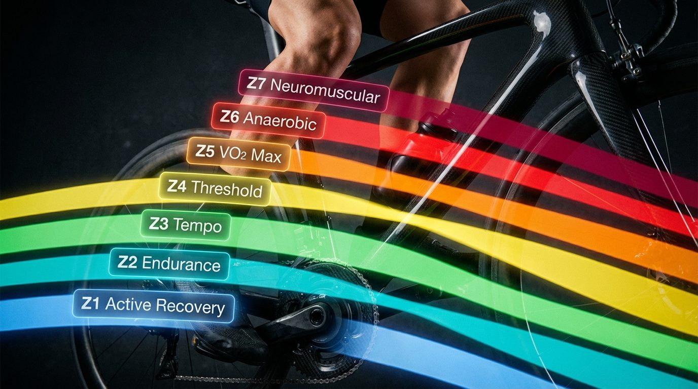 Cycling power meter and legs on pedals with seven colour-coded training zones — from Z1 recovery to Z7 neuromuscular power