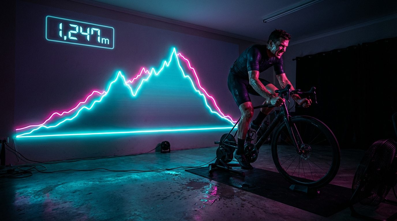Male cyclist on smart trainer with glowing mountain elevation profile projected on wall — PeakPulse Summit Spinner mode