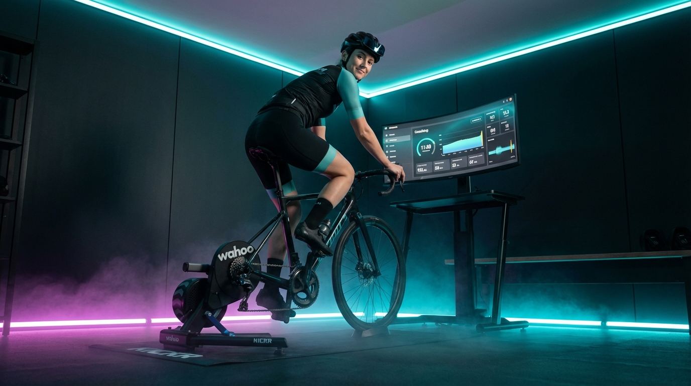 PeakPulse AI cycling coach — athlete on indoor smart trainer with neon lighting